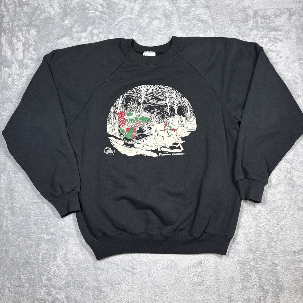 Vintage Christmas Sweatshirt Men XL Black Raglan Bluegrass Xmas Distressed 90s